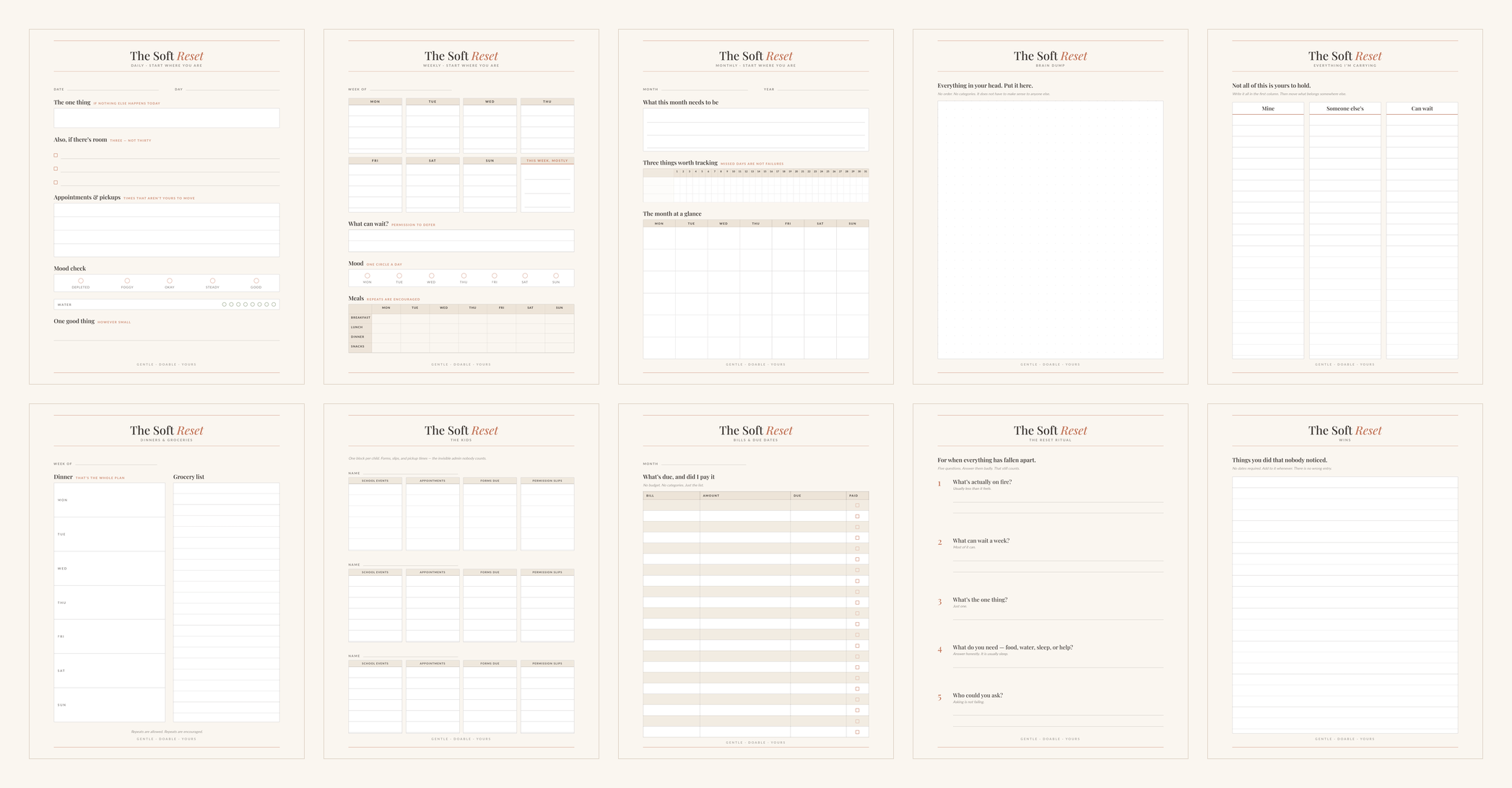 Ten interior pages from The Soft Reset Planner shown as a grid.